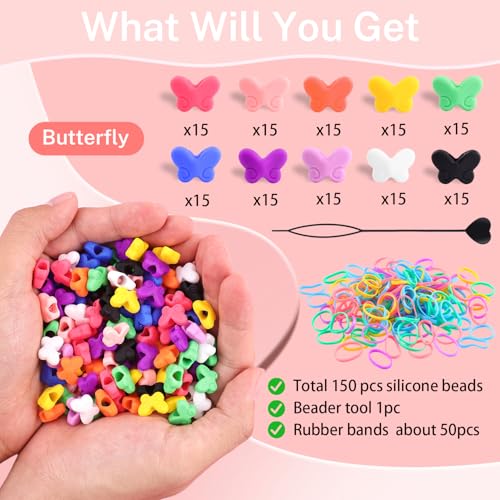 150Pcs Buttlefly Shaped Silicone Hair Beads for Braiding, 5mm hole Soft Pony Beads Bulk, Multi-color Hair Jewerly Accessories Kit with 60 Rubber Bands and 1 Beader for Braids,DIY Bracelets and Crafts - color: Butterfly-Multicolor-150pcs