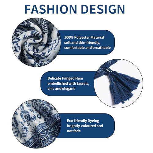 QIUTIMIY Scarf for Women Lightweight Soft Floral Leopard Printed Scarves Fall Winter Fashion Shawl Wrap with Fringe - color: Flower-blue White