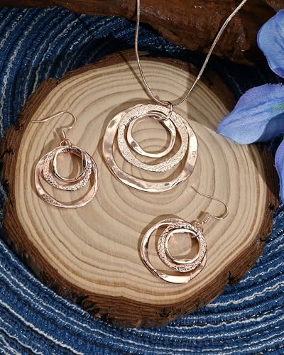 Hypoallergenic Silver Circle & Dangle Earrings and Necklace Set for Women Geometric Boho Style Hoop Jewelry for Women-Lightweight & Dangling-Gift for Bohemian Fashionistas - color: Rose Gold