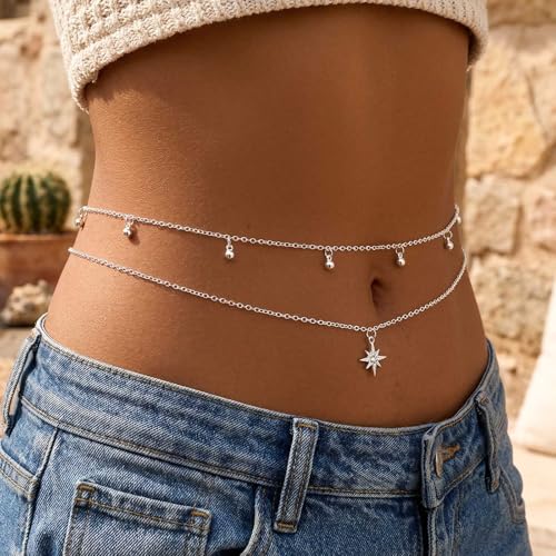 Layered Beads Waist Chain Gold/Silver Sun Belly Chain Bikini Body Chain Women Adjustable Beach Waist Jewelry Accessories - size: Small, style: Silver Sun