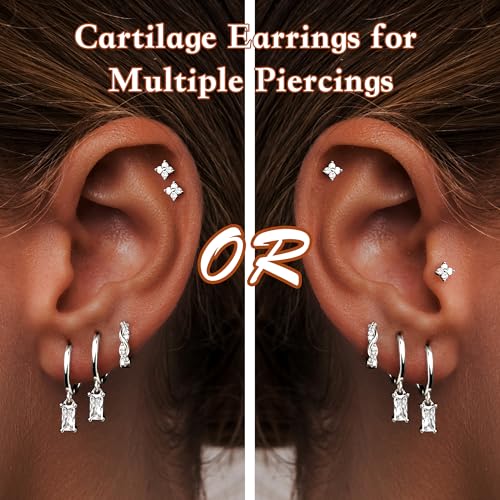 Poxtex Small Sterling Silver Huggie Hoop Earrings Set for Women, Hypoallergenic 14K Gold Plated Hoops Stacks for Multiple Piercings, Dainty Cute Mini Lightweight Cartilage Studs Trendy Jewelry Gift - color: Silver-dangle hoop