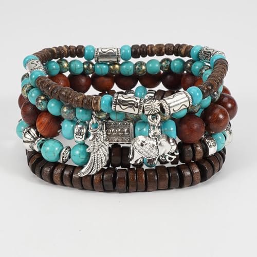 COLORFUL BLING Boho Turquoise Wooden Beaded Stretch Bracelets Stackable Turtle Butterfly Elephant Shell Heart Charms Bracelet for Women Men Western Jewelry Gifts - style: Set 1