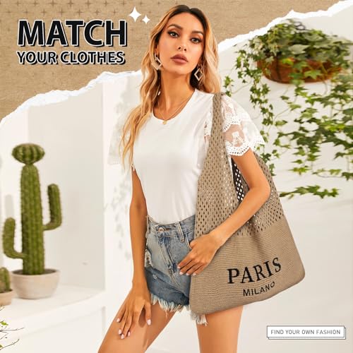 hatisan Crochet Bag for Women, Handmade Knit Beach Tote Bag Summer - color: Embroider-coffee
