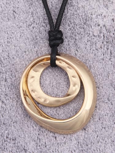 Kelake Leather Necklace for Women Men Teen Vinatge Boho Alloy Pendant Choker Jewelry Fashion Sweater Necklaces with Adjustable Genuine Leather Chain - color: Gold Double Circle Pendant