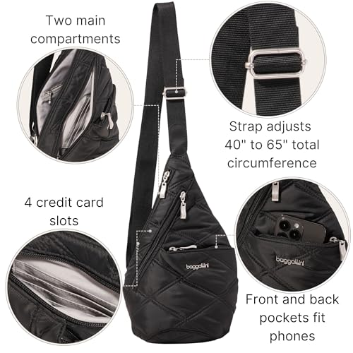 Baggallini Mini Sling - 12x7 Sling Crossbody Bag Backpack with Adjustable Shoulder Strap - color: Black Quilt