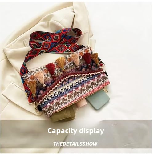 Boho Embroidery Crossbody Bags For Women Travel With Tassel Trim, Fanny Packs For Women, Tribal Pattern, Multi-Color Geometric Design, Decorative Fringe Cell Phone Bag(Red Rose) - color: Red Rose