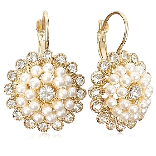Unique Bohemian Vintage Sparkly Crystal Colorful Round Flower leverback earrings Boho Retro Bronze Circle Beaded Flower Floral Dangle Drop Earrings for Women - color: Gold 13
