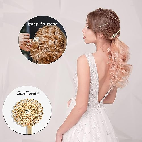 10 Pieces Rhinestone Hair Clips, Crystal Bobby Hair Pins Decorative Rhinestone Hair Barrettes for Wedding, Leaf Feather Sunflower Hair Clips Metal Hair Accessories for Women,4 Styles(Gold) - color: gold