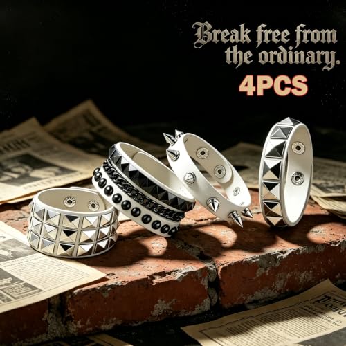 Handmade Black Leather Wrap Studded Bracelets for Women Men, 4Pcs Vintage Punk Wrist Cuff Bangle Wristband Emo Jewelry Gifts - style: White Square Stud Style