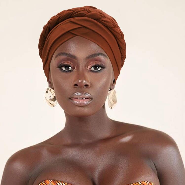 DRESHOW Turban Pre-Tied Twisted Hat Thread African Head Wraps for Black Women Chemo Cancer Cap Braid Hair Cover - color: 1 Pc Twisted Braid: Coffee