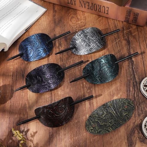 6 Pcs Leather Hair Barrettes with Stick, Hairpin Ponytail Holders Square Shape Hair Accessories Set Handmade Hairs Barrette with Wood Slide Stick for Women
