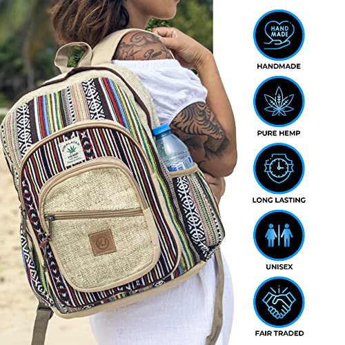 Natural Handmade Large Multi Pocket Hemp Nepal Backpack - size: Large