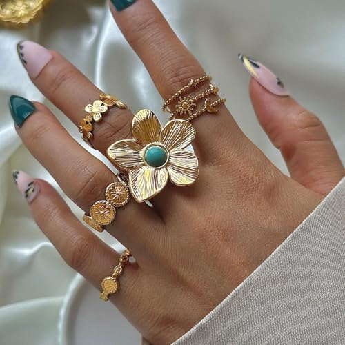 Bohemian Turquoise Ring for Women Chunky Gold Flower Statement Rings Vintage Round Turquoises Stackable Knuckle Ring Set for Women Western Jewelry - style: Turquoise flower ring-B