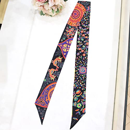 JERLA 100% Mulberry silk Scarf bag scarf Head Hair Ribbon Handbag Handle wrap Tie Bundle Neckerchief Scarf for women - color: Flower Black