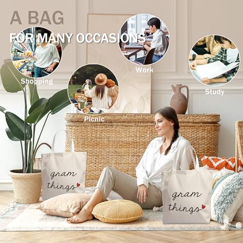 Gram Things Canvas Tote Bag, Gram Gifts for Mothers Day Birthday Tote Bag for Women, Grandma Gifts from Grandkids, Minimalist Neutral Grandmother Aesthetic Travel Totes for Shopping Camping