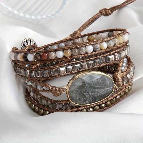 Women Wrap Bracelet Boho Natural Jasper Crystal Stone Beads Strand Bracelets - color: Gray