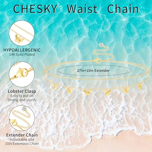 CHESKY Waist Beads for Women, Dainty 14k Gold Plated Waist Chain Beach Accessories Cute Belly Chain Body Chain Gold Chain Belts for Women Summer Beach Jewelry for Womens Gifts Rave Outfits for Womens - style: butterfly chain-gold