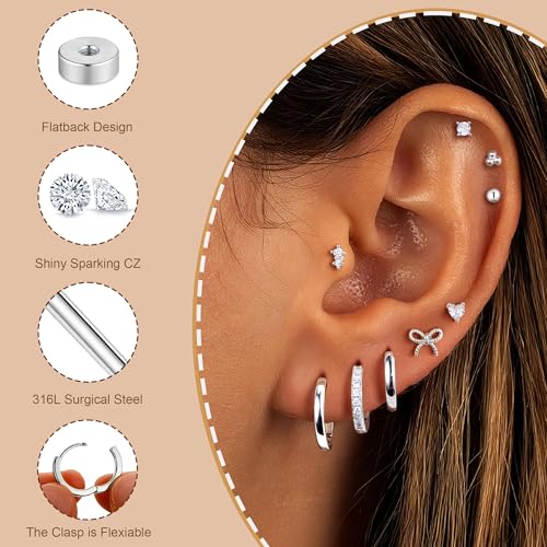 M MOOHAM Hypoallergenic Flat Back Earring Stack for Women Teen Girls, 14K Gold Plated Small Huggie Hoop Earrings Trendy Dainty Gold Cartilage Stud Earring Stacks Set Jewelry Gifts for Women Girls - color: Silver-Plated