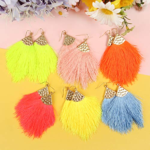 Bohemian Silky Thread Fan Fringe Tassel Statement Earrings - Lightweight Strand Feather Shape Dangles - color: Feather Fringe - Dark Salmon