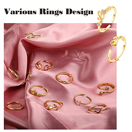 KOHOTA 12PCS Adjustable Knuckle Rings for Women 14K Gold Plated Silver Simple Stacking Rings Pack Open Knot Star Moon Butterfly Dainty Thumb Ring Set for Women - color: 3-Gold color