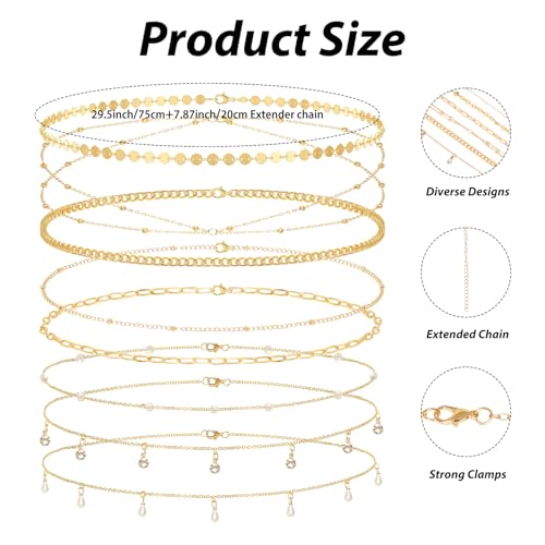 8Pcs Gold Waist Chain Set for Women Sexy Belly Body Chains Pearl Sequin Snake Bead Chains Belt Beach Bikini Jewelry Accessories Set Adjustable for Summer Beach Holiday Party - color: Set 2