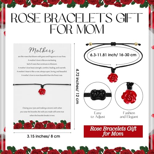 Tondiamo Mother's Day Adjustable Red Rose Flower Bracelets with Wish Postcards Rose Jewelry Gifts for Mom Birthday