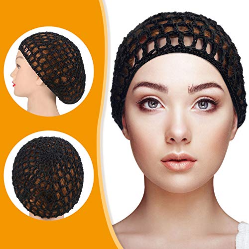 Geyoga 4 Pieces Mesh Crochet Hair Net Rayon Knit Snood Hat Thick Short Women Hairnet Snoods Cover Ornament for Sleeping (Black) - color: Black