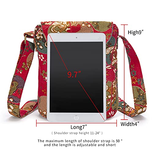 OPQRSTU Women's Retro Small Size Canvas Shoulder Bag Hippie Boho Crossbody Handbag - color: Red Windmill