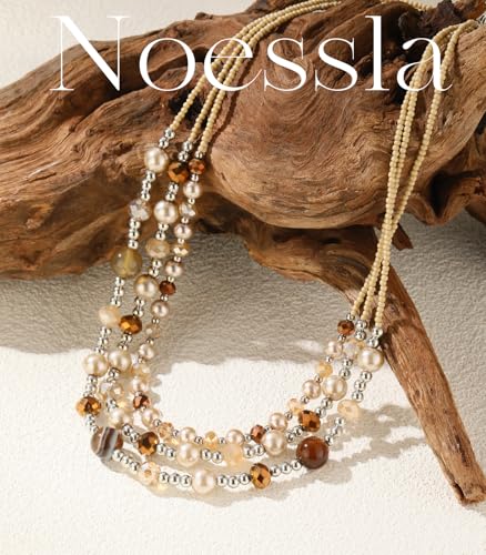 Noessla Beaded Statement Necklaces for Women Layered Chunky Bead Necklace Fashion Costume Jewelry Gifts for Mom - color: Champagne Brown