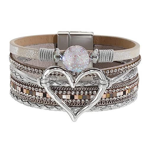 Womens Multi Layer Heart Leather Wrap Bracelet Boho Stackable Cuff Bangle Magnetic Clasp Crystal Birthday Valentine Gift - color: Silver