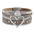 Womens Multi Layer Heart Leather Wrap Bracelet Boho Stackable Cuff Bangle Magnetic Clasp Crystal Birthday Valentine Gift - color: Silver