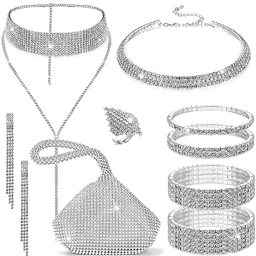 EIELO Rhinestone Jewelry Set for Women Wedding Bridal Triangle Clutch Bag Silvery Clutch Purse Glitter Choker Necklace Tennis Stretch Bracelets Ring Dangle Fringe Earrings Set - style: Triangle Clutch Bag