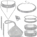 EIELO Rhinestone Jewelry Set for Women Wedding Bridal Triangle Clutch Bag Silvery Clutch Purse Glitter Choker Necklace Tennis Stretch Bracelets Ring Dangle Fringe Earrings Set - style: Triangle Clutch Bag