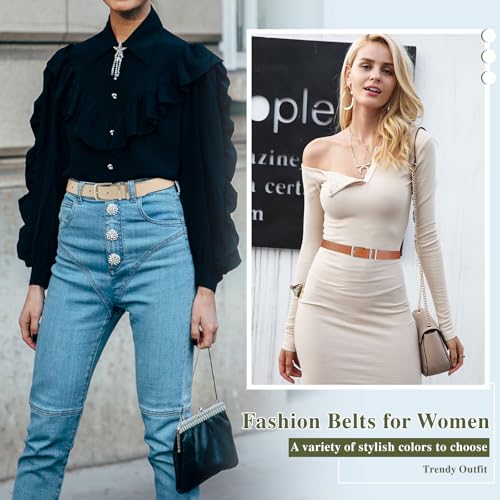 3 Pack Women's Belts for Jeans Pants Dresses Fashion Ladies Leather Waist Belt with Buckle Leather Belts - color: Black+beige+brown(silver), size: Fit Waist Size 37-41in