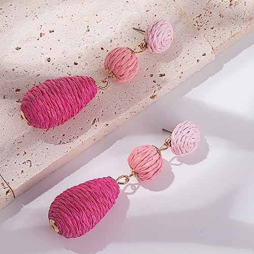 Boho Raffia Earrings Statement Dangle Earrings Cute Teardrop Ball Earrings Colorful Summer Jewelry Handmade Rattan Earrings for Women - color: 3Pink