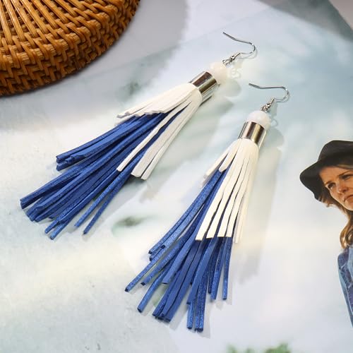 Coiris Boho Leather Layered Tassel Earrings for Women Lightweight Leather Fringe Dangle Earrings Handmade Bohemian Summer Beach Western Drop Earrings for Women - color: WhiteBlue