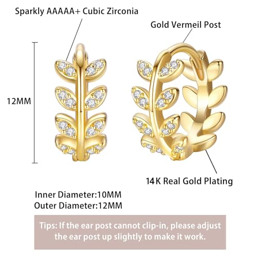 14K Gold Huggie Earrings for Women Silver Huggie Hoop Earrings Cubic Zirconia Huggie Earrings Stud Earrings Lightweight Dainty Hypoallergenic Earrings Jewelry Gifts - color: Gold Olive Leaf CZ Huggie Earrings