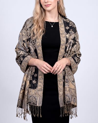 Achillea Elegant Paisley Floral Pashmina Shawl and Wrap – Boho Rave Scarf for Festival, Travel & Everyday Wear - color: Black White