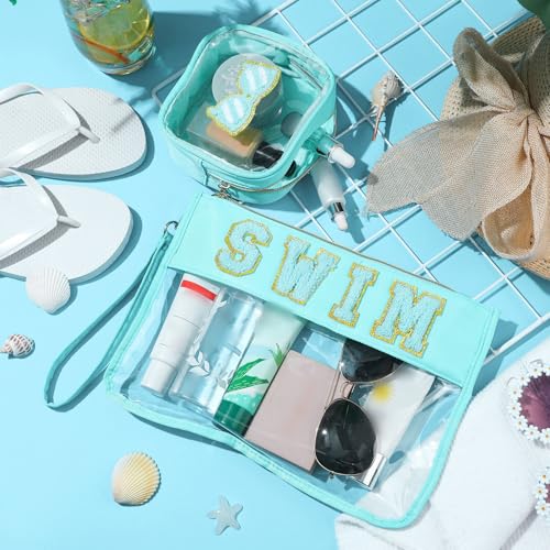 Hillban 2 Pcs Swim Bag Chenille Letter Preppy Patch Makeup Pouch Flat Clear Pouch PVC Organizer Purse Waterproof Travel Cosmetic Bags Pool Swim Coach Team Gifts for Women - style: Swim Theme