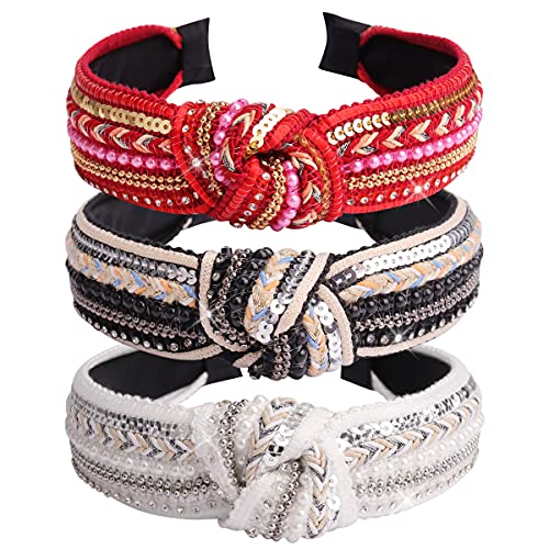 TOBATOBA Knotted Headbands for Women Sequins Pearl Headband Top Knot Head band Turban Boho Head bands for Women Beaded Wide Hairband Fashion Elegant Ladies Hair Band 3 Pack (Black, White, Red) - color: Color 3