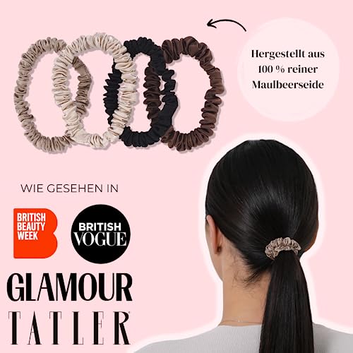 SILKIE x4 Set 100% Pure Mulberry Silk Green Skinny Scrunchies Travel Pouch Everyday Hair Ties Elastics Hair Care Ponytail Holder No Damage (Emerald) - color: Emerald