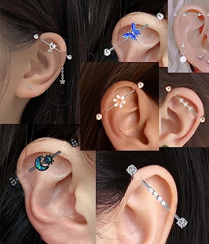 Suotarn 14G Industrial Piercing Jewelry For Women Men Stainless Steel 38 Industrial Barbell Long Cartilage Helix Conch Earrings Stud 14G Gauges Industrial Jewelry Butterfly Heart Cool 7-18pcs - color: Set #1