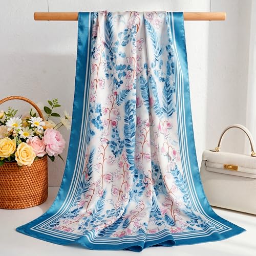 Pistha Head Scarf Bandana for Women, Satin Scarf for Hair, Large Square Silk Bandana Headscarf for Women and Men 35 Inch - style: Flower-light Blue