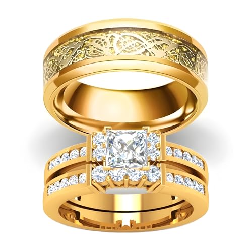 3Pcs Moissanite Wedding Rings Sets for Couples, s925 10K 14K 18K Real Gold Wedding Rings Sets for Him and Her, Customized Matching Engagement Bands Set for Men and Women Free Engraving - style: Style-4