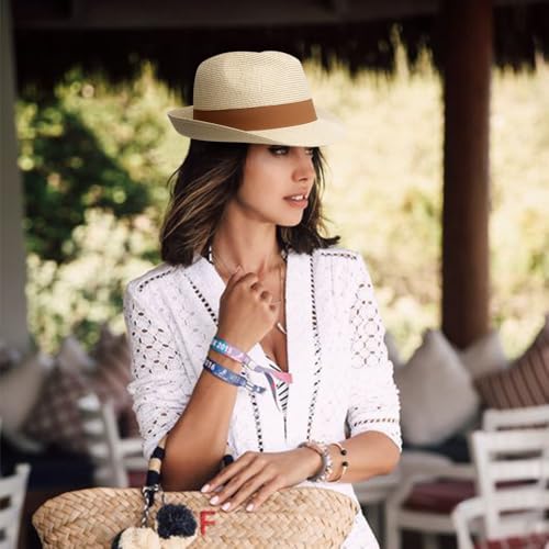 DRESHOW Women Straw Sun Hat Short Brim Panama Travel Fedora Summer Hat Roll Up Beach Cap for Women UPF 50+ - color: 1 Pc Ribbon Straw Hat: Beige