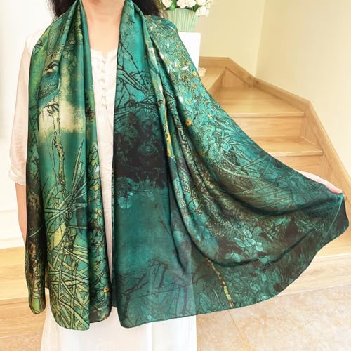 Long Silk Like Scarf Lightweight Satin Scarves Large Sunscreen Shawl Wrap for Women - color: 010.birds Green