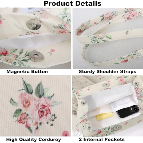 Corduroy Tote Bag for Women Small Canvas Shoulder Purse Cord Handy Bag with Inner Pocket | with Front Pocket - color: 03 Floral-2