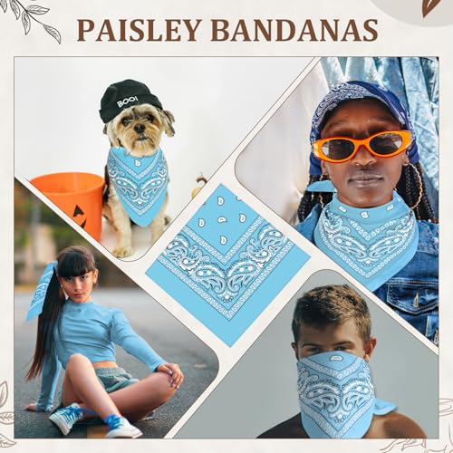 12 Pack Bandanas Unisex Paisley Cowboy Bandanas Bulk Multi Purpose Headband Scarf for Men Women Costume - color: Light Blue, style: Classic