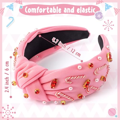 PANTIDE Christmas Jeweled Knotted Headband - Xmas Candy Cane Rhinestone Crystal Pearl Embellished Headband None Slip Wide Top Knot Fashion Hairband Hair Accessories Birthday Gift for Women Girl (Pink) - color: Pink Christmas Candy Cane