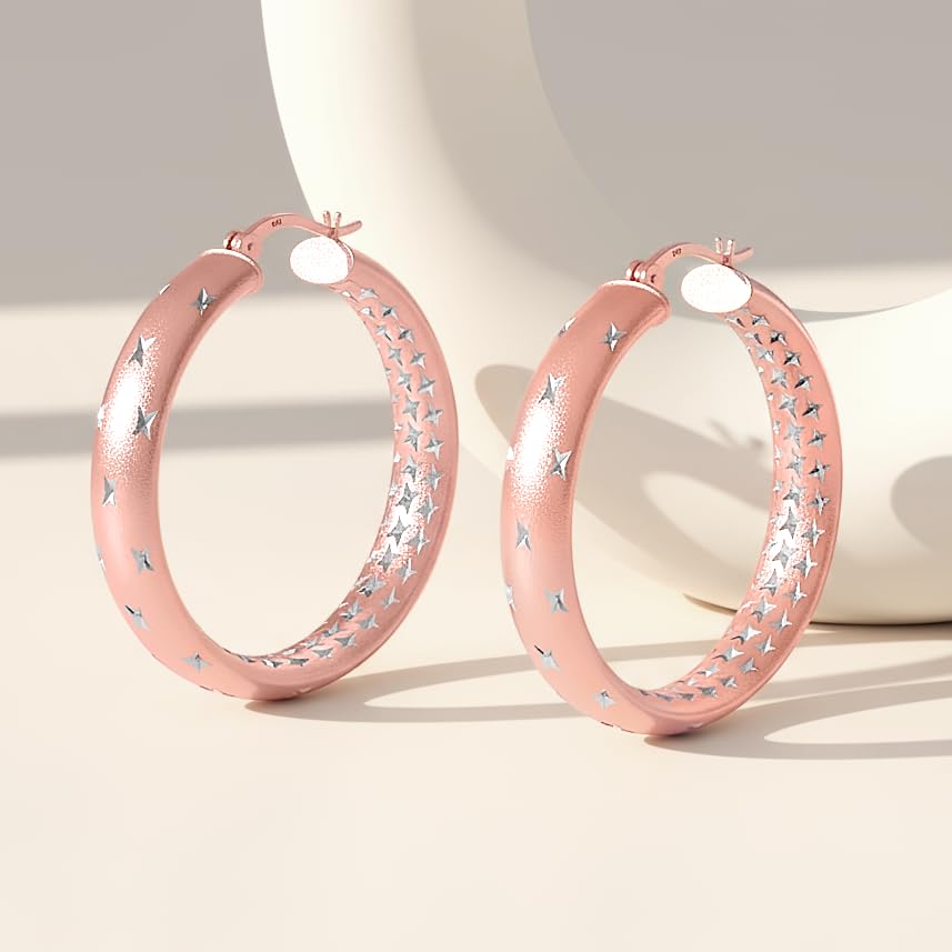 LeCalla 925 Sterling Silver Hoop Earrings for Women | 14K Gold-Plated & Rose Gold-Plated Diamond-Cut Hoop Earrings | Textured Click-Top Hoops Earring Jewelry - color: Rose-Gold Double DC-30MM